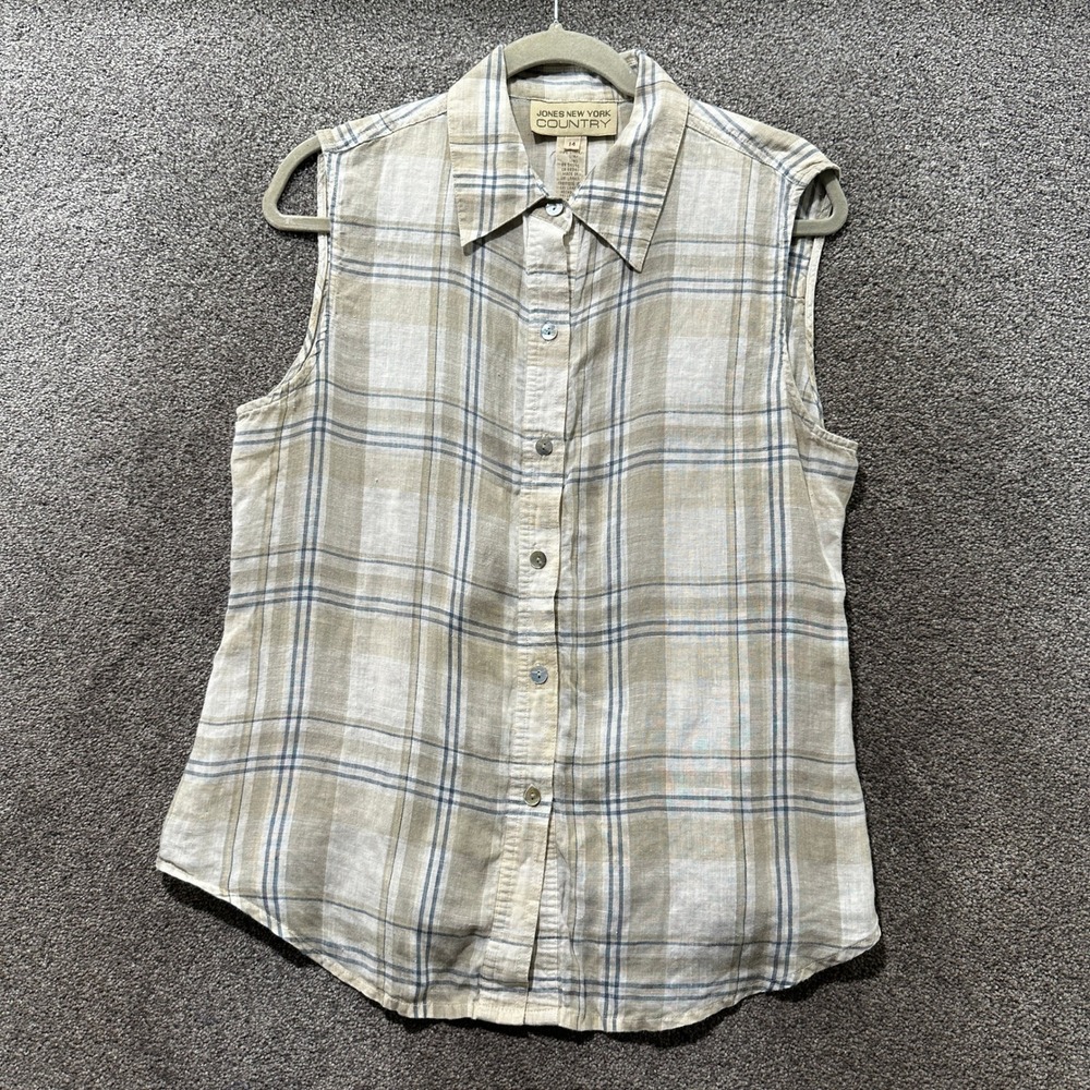 Jones New York Country Button Up Sleeveless Top Sze 14 Linen Plaid Shirt Neutral